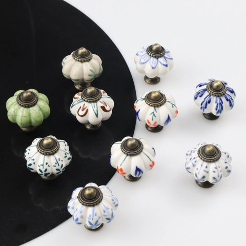 Boutons De Cabinet En Céramique Citrouille Vintage Poignées De Tiroir Florales Peintes À La Main Base En Alliage De Zinc Bronze Antique