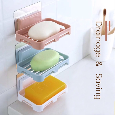 Wall Mounted Soap Dish PP Plastic Draining Rack Punch Free Adhesive Soap Holder For Bathroom Shower Nordic Style