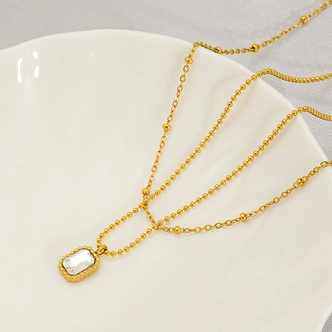 Rectangle Rhinestone 18K Gold Plated Stainless Steel Double Layer Necklace Earrings Jewelry For Women Minimalist Fashion