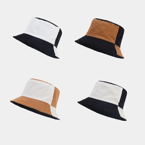 Sombrero De Pescador De Pana Color Block Patchwork Textura Rayas Retro Otoño Invierno Cálido Protección Solar Mujer