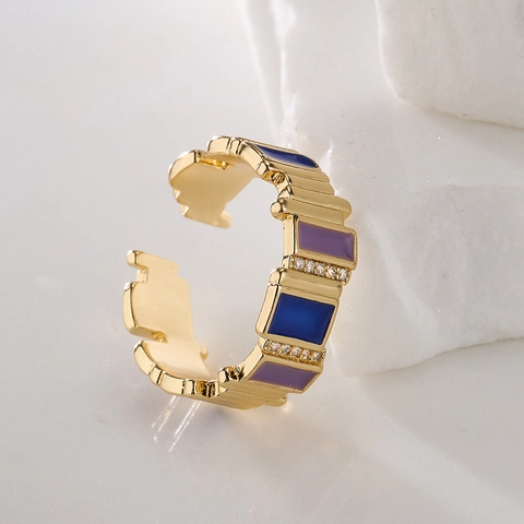 Geometric Open Ring Copper Real Gold Plated Enamel Zircon Adjustable Fashion Jewelry For Women