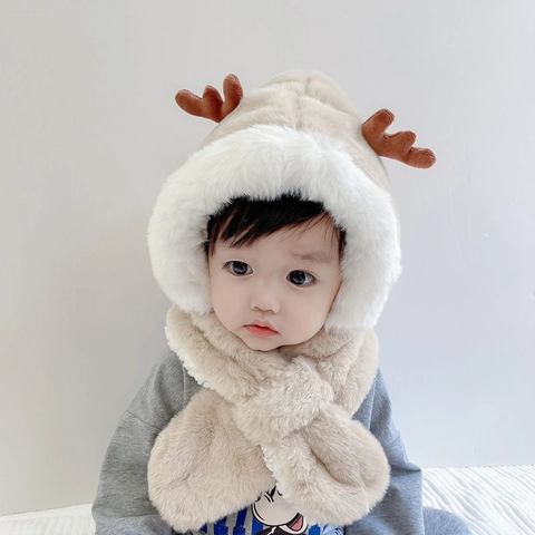 Kids Plush Hooded Scarf Hat Reindeer Antlers Ear Protection Thickened Warm Winter For Boys Girls Baby