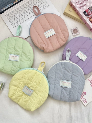Round Quilted Cosmetic Bag Polyester Portable Makeup Organizer Travel Toiletry Pouch Zipper Handle Soft Macaron Color