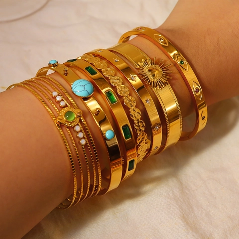Stainless Steel Gold Plated Bangle Bracelet Retro Zirconia Star Pattern Open Cuff Minimalist Jewelry For Women