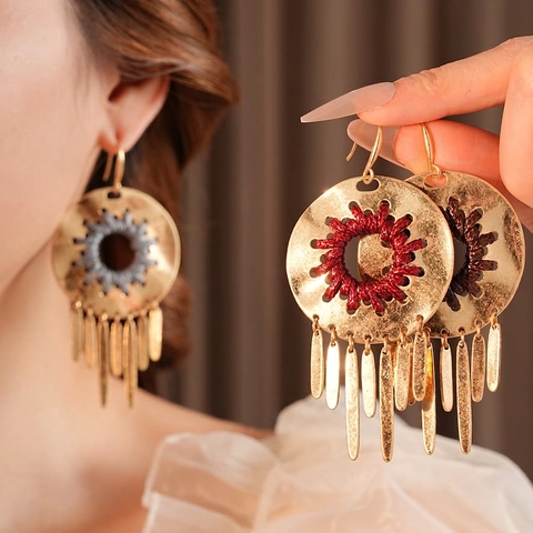 Boheemse Etnische Kwastje Oorbellen Rond Legering Koord Geweven Met 925 Sterling Zilveren Oorknopje Retro Exotisch Dames