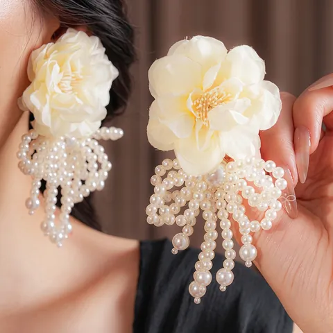 Elegantes Pendientes Colgantes De Flor De Tela Y Lazo Con Borlas De Perlas Artificiales Sintéticas Y Poste De Plata Para Mujer Estilo Dulce
