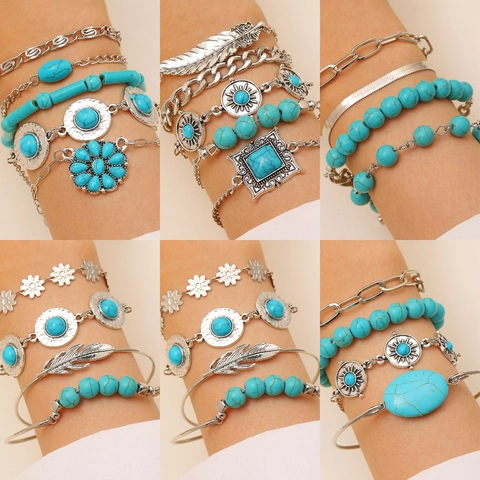 Bracciale Turchese Retrò Bohémien Bangle Multistrato Lega Etnico Geometrico Foglia Piuma Croce Girasole Moda Donna Gioielli