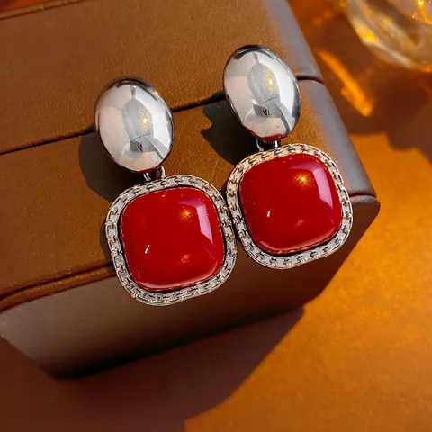 Orecchini Pendenti Geometrici Vintage Quadrati In Acrilico Rosso Con Perno In Argento Stile Retrò Francese Da Donna