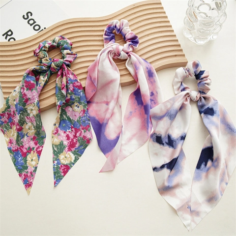 Florale Tie Dye Chiffon Scrunchies Met Lange Lintjes Elastische Haerelastiekjes Paardenstaarthouder Accessoires Voor Vrouwen