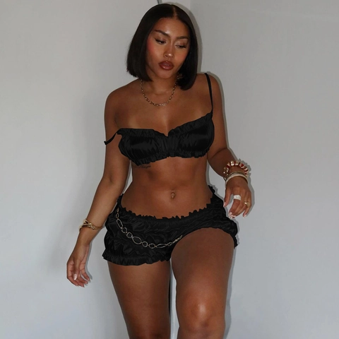 Satin Pleated Strapless Tube Top And Ruffle Shorts Sexy Slim Fit Casual Summer Loungewear Women