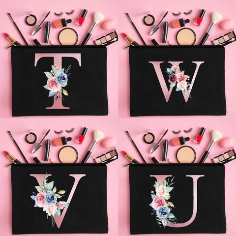 Bolsa De Cosméticos De Lona Estampado Letras Alfabeto Floral Neceser De Maquillaje Organizador De Viaje Bolsa De Almacenamiento