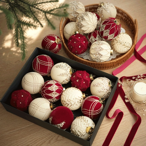 Kerstballen Gevlokte Fluwelen Ornamenten Glitterpatroon Kerstboom Hangende Decoraties Feestelijke Vakantie Huis