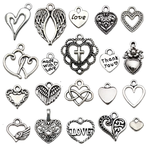 Vintage Zinc Alloy Heart Pendants For DIY Jewelry Making Antique Silver Hollow Out Wing Cross Engraved Charms Necklace Crafting
