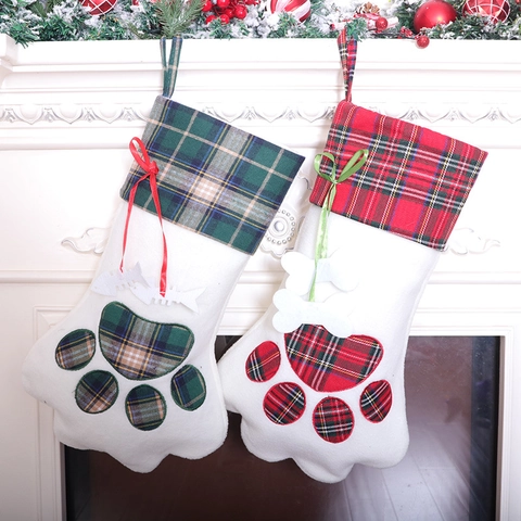 Calza Di Natale Forma Di Zampa Plaid Peluche Decorazione Camino Sacchetto Regalo Con Pendenti Osso Pesce