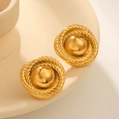Runde Ohrstecker 18 Karat Vergoldeter Edelstahl Gedrehte Seiltextur Retro Französischer Stil Elegant Damen