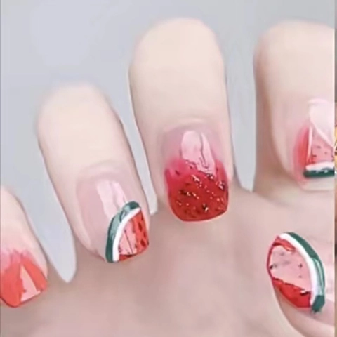Zomer Watermeloen Press On Nagels Kort Vierkant Fruitpatroon Schattig Gradiënt Glanzend Volledige Dekking Kunstnagels