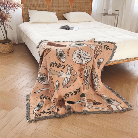 Bohemian Woven Cotton Blanket Throw Mushroom Eye Pattern With Fringe Edges Multi-Functional Sofa Tapestry Reversible Retro Decor