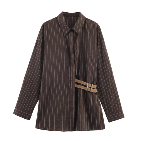 Camicia In Popeline A Righe Da Donna Manica Lunga Revers Con Fibbie Laterali Decorative Top Casual Caffè