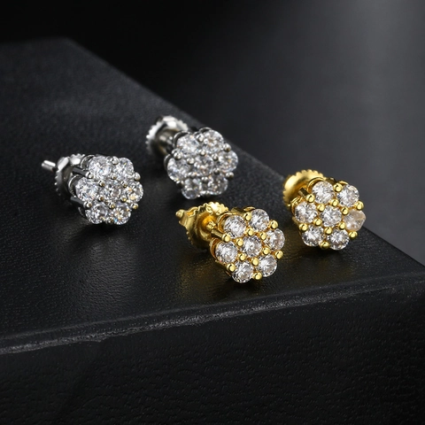 Orecchini a Bottone a Fiore in Rame Stile Hip Hop Interamente in Zirconia per Donna Personalizzati Placcati Oro Argento Chiusura a Vite
