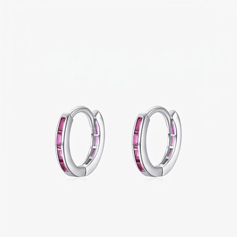 925 Sterling Silver Hoop Earrings Pink Baguette Zircon Inlaid Minimalist Jewelry For Women