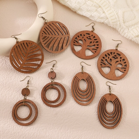 Orecchini Pendenti Retro Bohémien in Legno Traforato Albero della Vita Foglia Geometrici per Donna Gioielli Stile Etnico Regalo