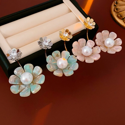 Orecchini A Fiore In Resina Con Zirconi Perla Artificial D'Imitazione Rame E Perno In Argento Stile Dolce Vacanza Donne