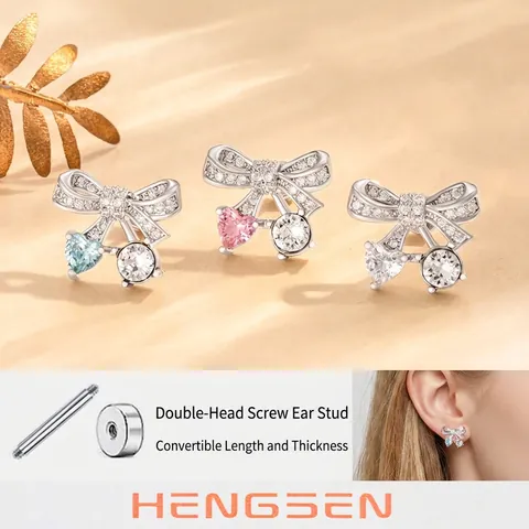 Bowknot Heart Zircon Ear Cartilage Stud Earring Titanium Steel Piercing Jewelry For Women Retro Elegant Screw Back
