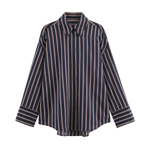 Women Vertical Striped Long Sleeve Shirt Polyester Button Down Lapel Casual Office Blouse Irregular Hem Navy Blue Fashion