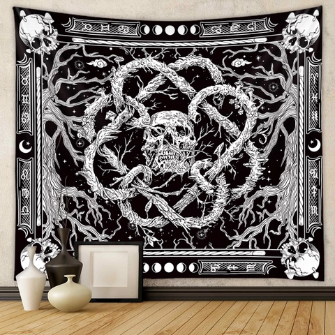 Arazzo Gotico Teschio Nero E Bianco Poliestere Appeso A Parete Decorazione Della Stanza Con Segni Zodiacali