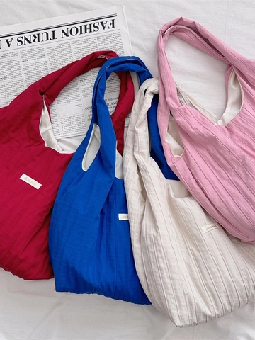 Pleated Shoulder Bag Large Capacity Polyester Fabric Simple Solid Color Casual Lightweight Tote For Women Daily Wear