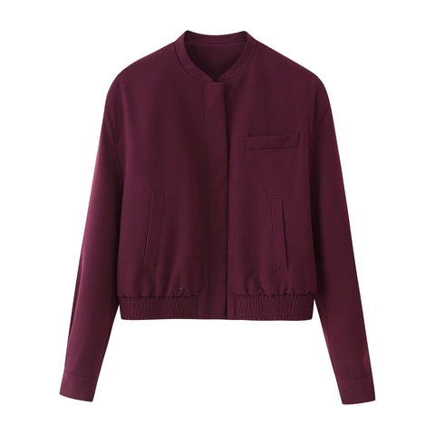 Giacca Bomber Donna E Pantaloni Larghi Vita Alta Pieghe Borgogna Poliestere Casual Ufficio
