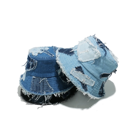 Καπέλο Bucket Denim Patchwork Βαμβακερό Με Ξέφτια Vintage Street Style Προστασία Από Τον Ήλιο