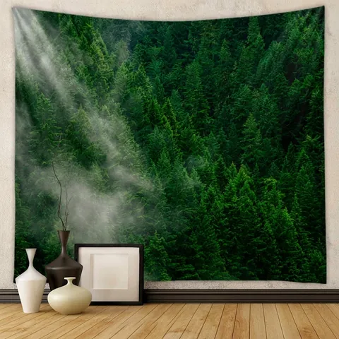 Forest Landscape Wall Tapestry Polyester Fabric Nature Scenery Mist Sunlight Mountain Lake Backdrop Home Decor