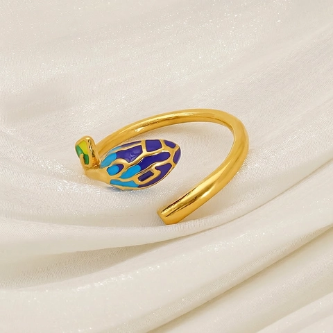 Stainless Steel Open Ring For Women Adjustable Flower Bud Leaf Enamel 18K Gold Plated Fashion Jewelry