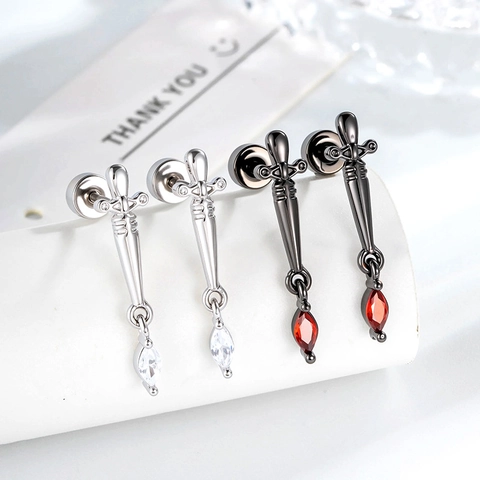 Dagger Sword Ear Cartilage Stud Earrings Titanium Steel Copper Zircon Screw Back Punk Gothic Piercing Jewelry Women Men