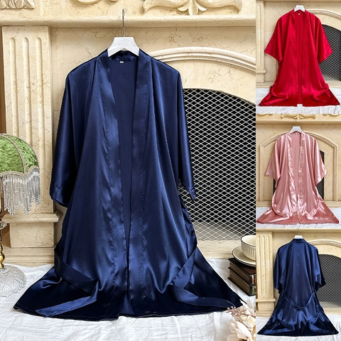 Albornoz De Satén De Satén Para Mujer Cuello En V Largo Medio Ropa De Dormir Con Cinturón Color Sólido Sedoso Loungewear Lujo