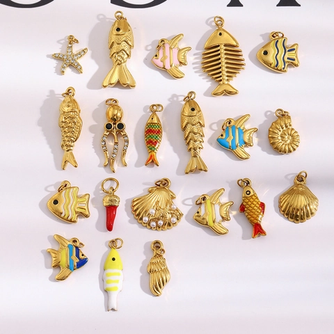 Ocean Theme Pendants Fish Starfish Shell Octopus Stainless Steel 18K Gold Plated Enamel DIY Jewelry Making Accessories