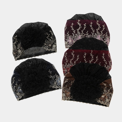 Donna Pizzo Ricamo Floreale Turbante Cappello Traspirante Mesh Beanie Vintage Fascia Capelli Moda Copertura Capelli