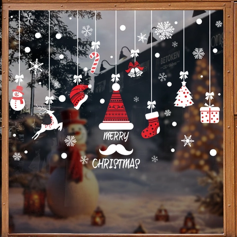 Adesivi Per Finestre Di Natale Attacco Statico PVC Renna Pupazzo Di Neve Fiocco Di Neve Decalcomanie Per Porte In Vetro Decorazione Natalizia