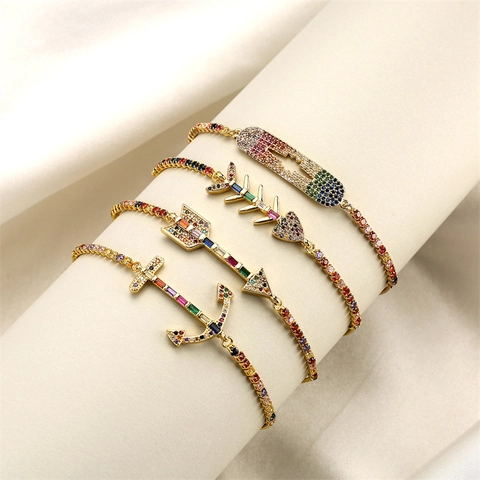 Gold Plated Copper Adjustable Slider Bracelet Rainbow Zircon Fishbone Arrow Anchor Star Charms Fashion Jewelry Women