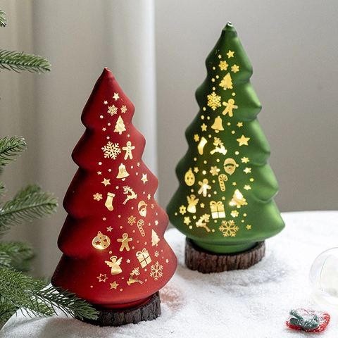Glowing Christmas Tree Ornament LED Tabletop Decor Frosted Texture Wood Base Golden Patterns Battery Operated Festive