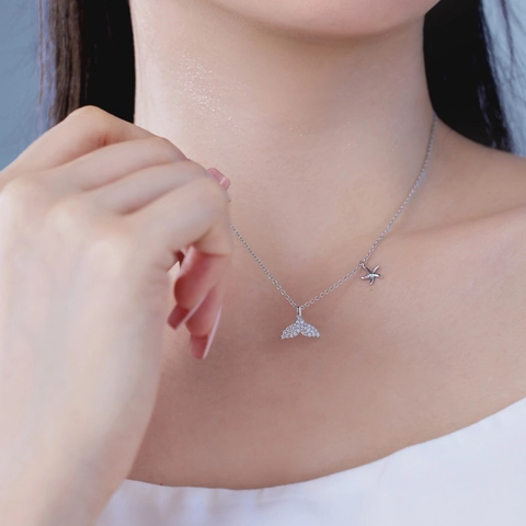 Collier Queue de Baleine en Argent Sterling S925 pour Femme Pendentif Étoile de Mer Incrusté de Zirconia Bijoux Thème Océan Cadeau