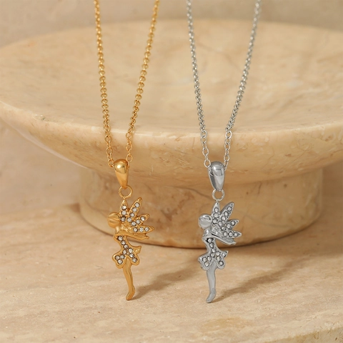 Angel Fairy Pendant Necklace Stainless Steel Rhinestone Encrusted Wings Waterproof Non-Tarnish Elegant Jewelry For Women