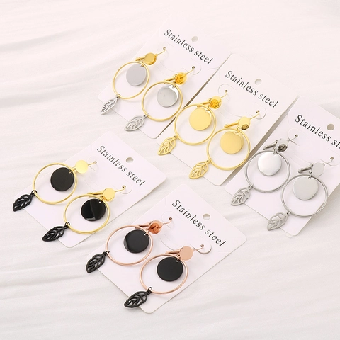 Pendientes Colgantes De Aro Circular Con Pendentif De Hoja Acero Inoxidable Hipoalergénico Joyería Geométrica Para Mujer