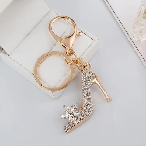 Sparkling Rhinestone Crystal High Heel Shoe Keychain Elegant Alloy Floral Bag Charm For Women Gift Fashion Gold Keyring