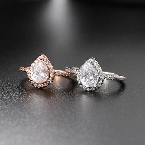 Elegante Set Di Anelli In Zirconia Cubica Con Taglio A Pera Per Donna Placcato Oro Rosa Argento Goccia Halo Anello Fidanzamento
