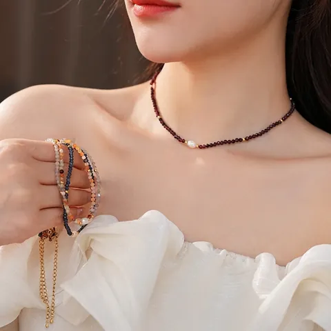 Collar De Perlas De Agua Dulce Con Cuentas De Piedra Natural Cadena De Clavícula De Acero De Titanio Estilo Vintage Para Mujer