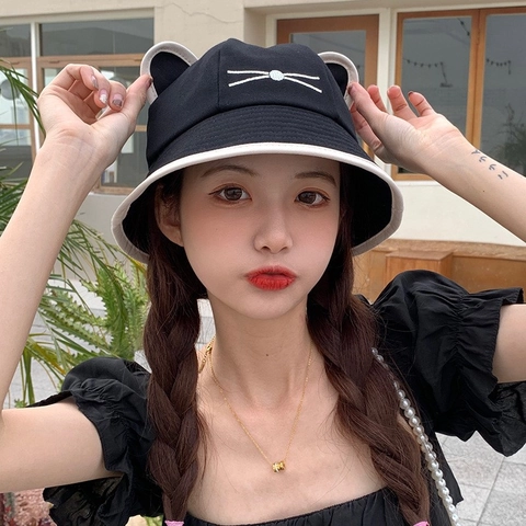 Cute Cat Ear Bucket Hat Cotton Breathable Sunshade Outdoor Fisherman Cap Kawaii Cartoon Style For Women