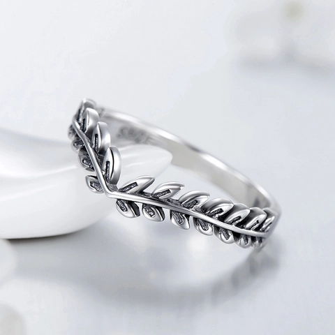 Anello In Argento Sterling 925 Vintage Per Donna Design Foglia Ulivo Alloro Forma V Finitura Ossidata Gioielli Impilabili