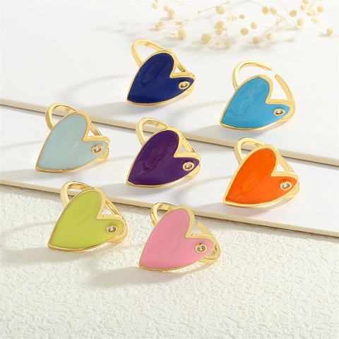 Dolce Anello a Cuore in Rame Smaltato per Donna Con Strass Placcato Oro Anello Aperto Regolabile Gioielli di Moda Coreana